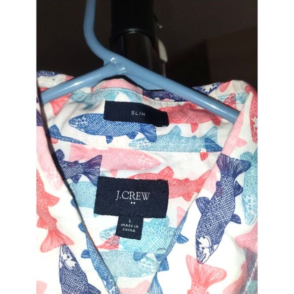 J. Crew Men's (L) Red & Blue Fish Print Shirt Slim Fit Short Sleeve Button Up - Picture 2 of 4